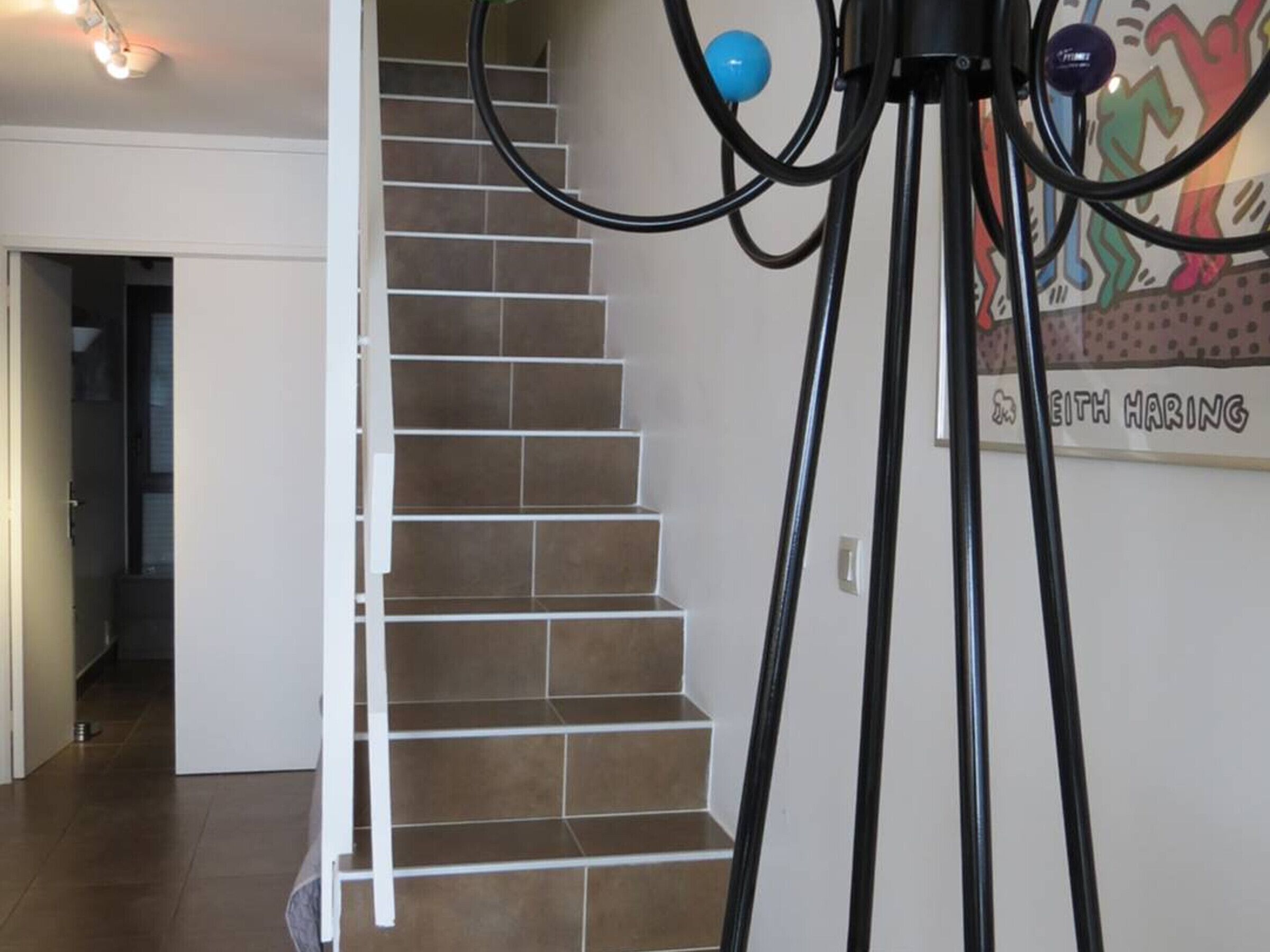Un escalier avec une rampe blanche et des marches marron, menant à une pièce dont la porte est blanche.