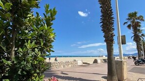 Un paseo marítimo costero con palmeras, un cielo azul despejado y una playa al fondo.