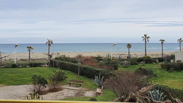 Vista de una playa con palmeras, un área verde con un banco y un cielo despejado.
