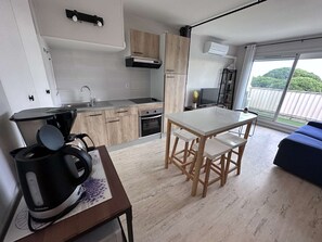 Fridge, microwave, oven, stovetop - Beautiful renovated 2-room apartment with air conditioning and private parking for 4 in Port Camargue (Le Grau-du-Roi)