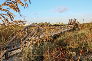 Un puente de madera con barandilla de metal, rodeado de altas hierbas y un cielo despejado.