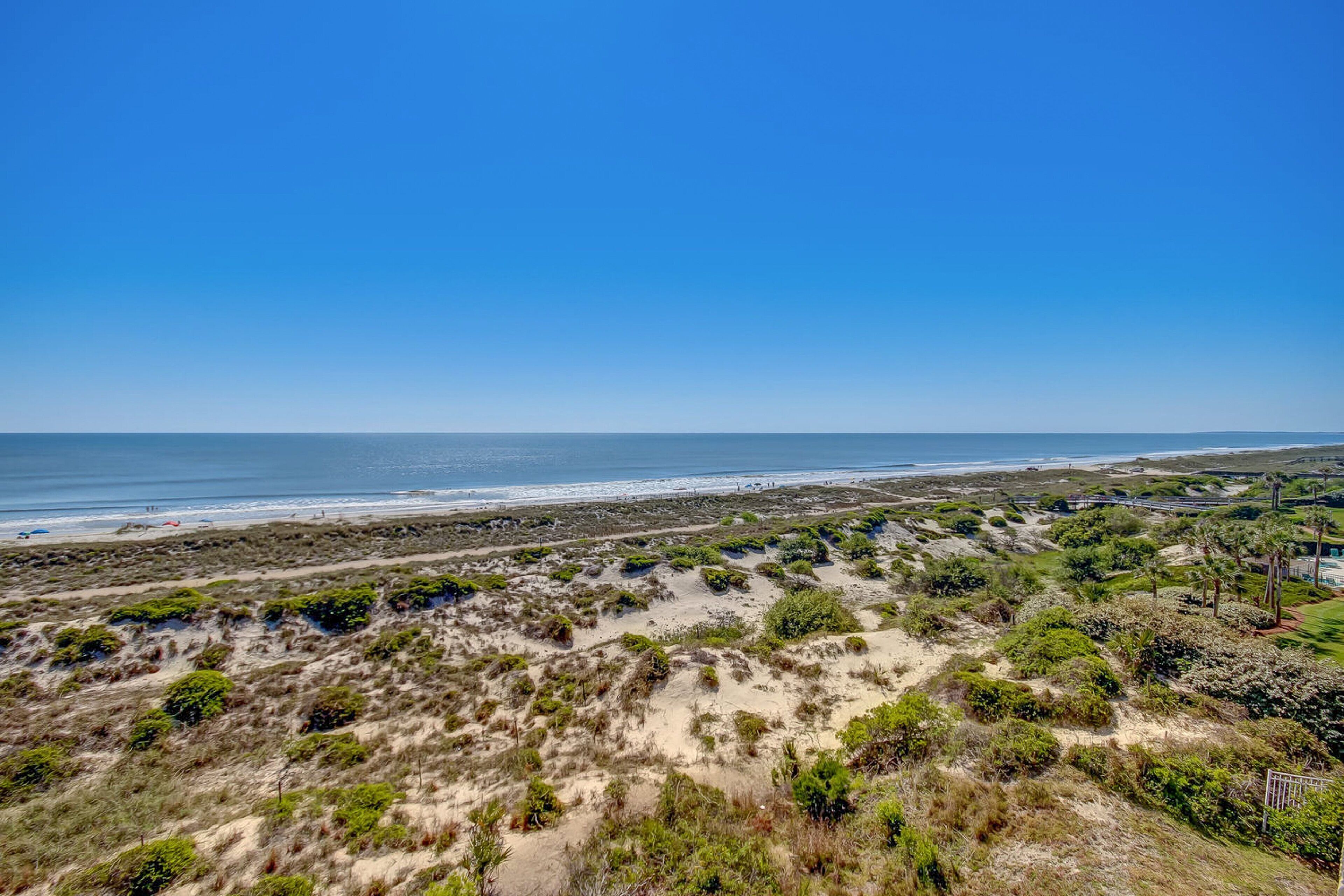 Eine Küstenlandschaft mit Strand, Dünen und spärlicher Vegetation.