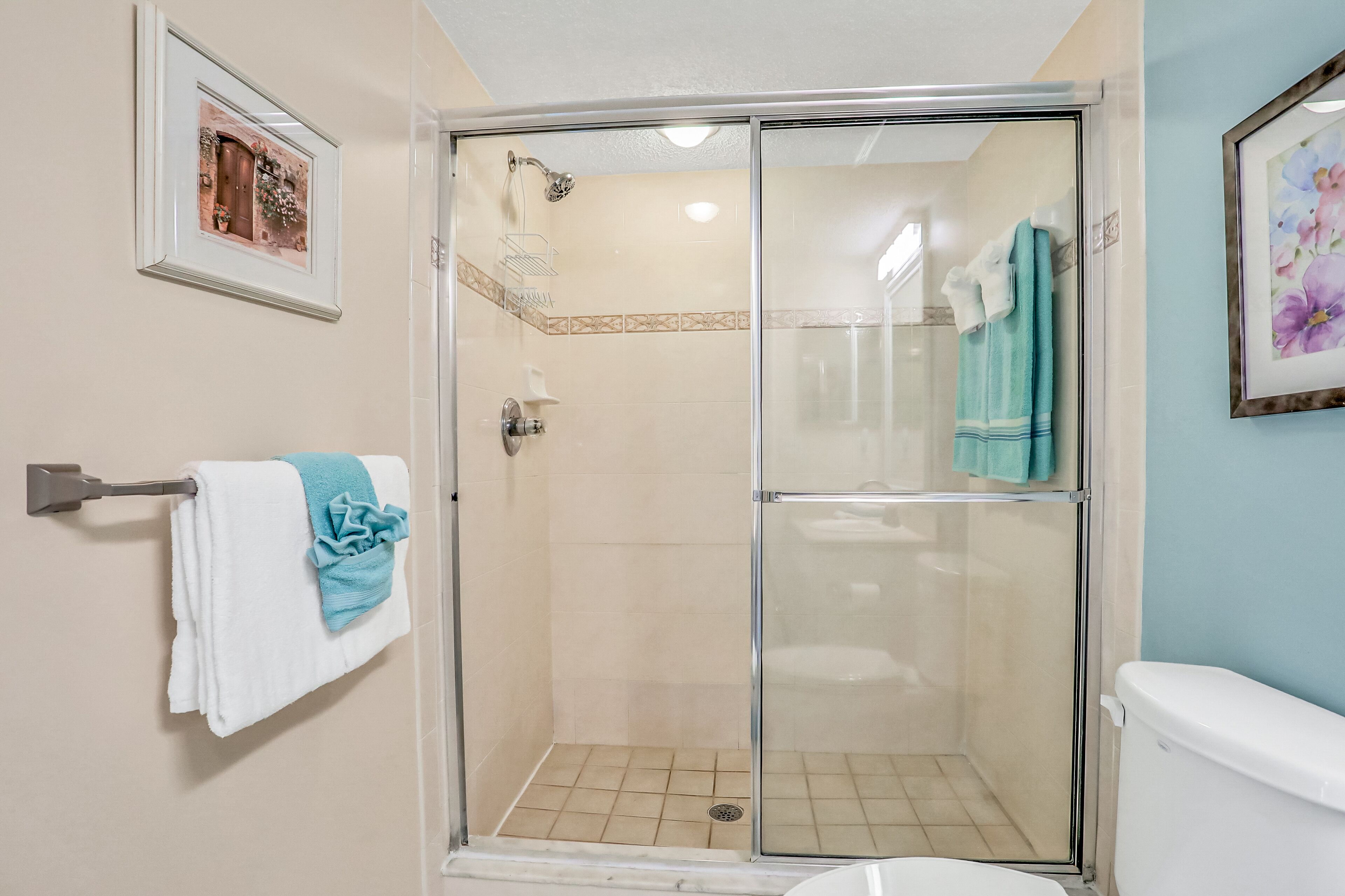 A bathroom with a glass-enclosed shower, a toilet, and a towel rack with a towel.
