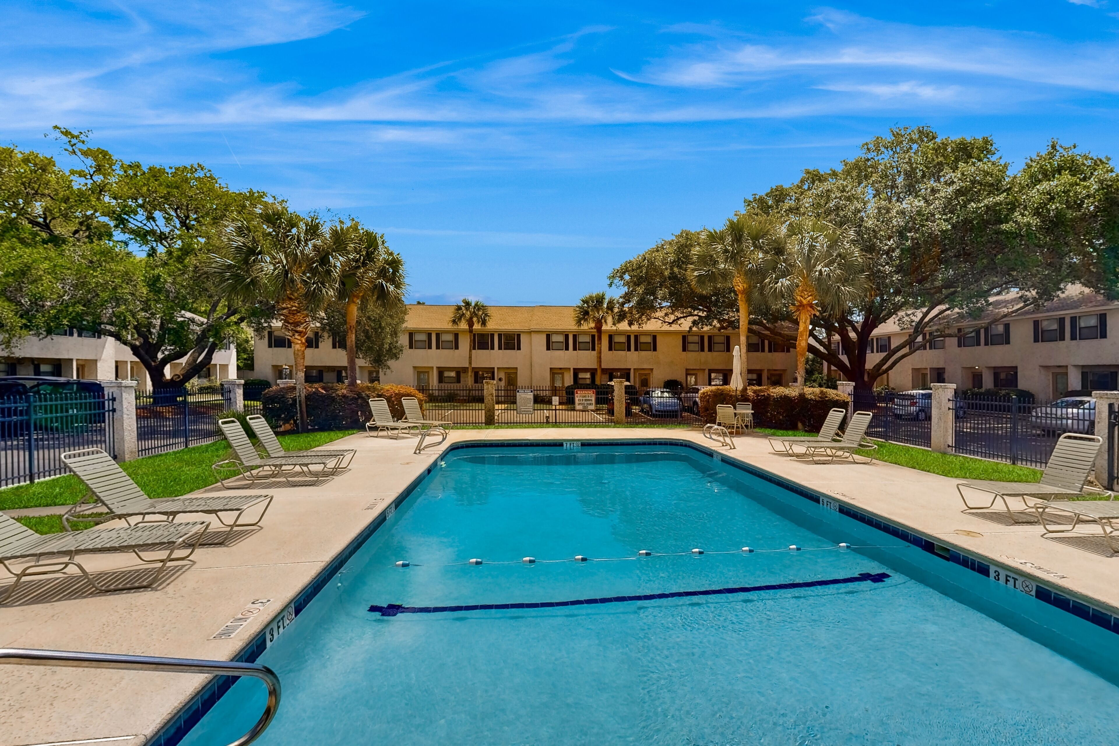 A rectangular swimming pool with a blue lane divider, surrounded by lounge chairs and palm trees.