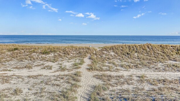 Ein Strand mit blauem Himmel und einem sandigen Weg zum Wasser.