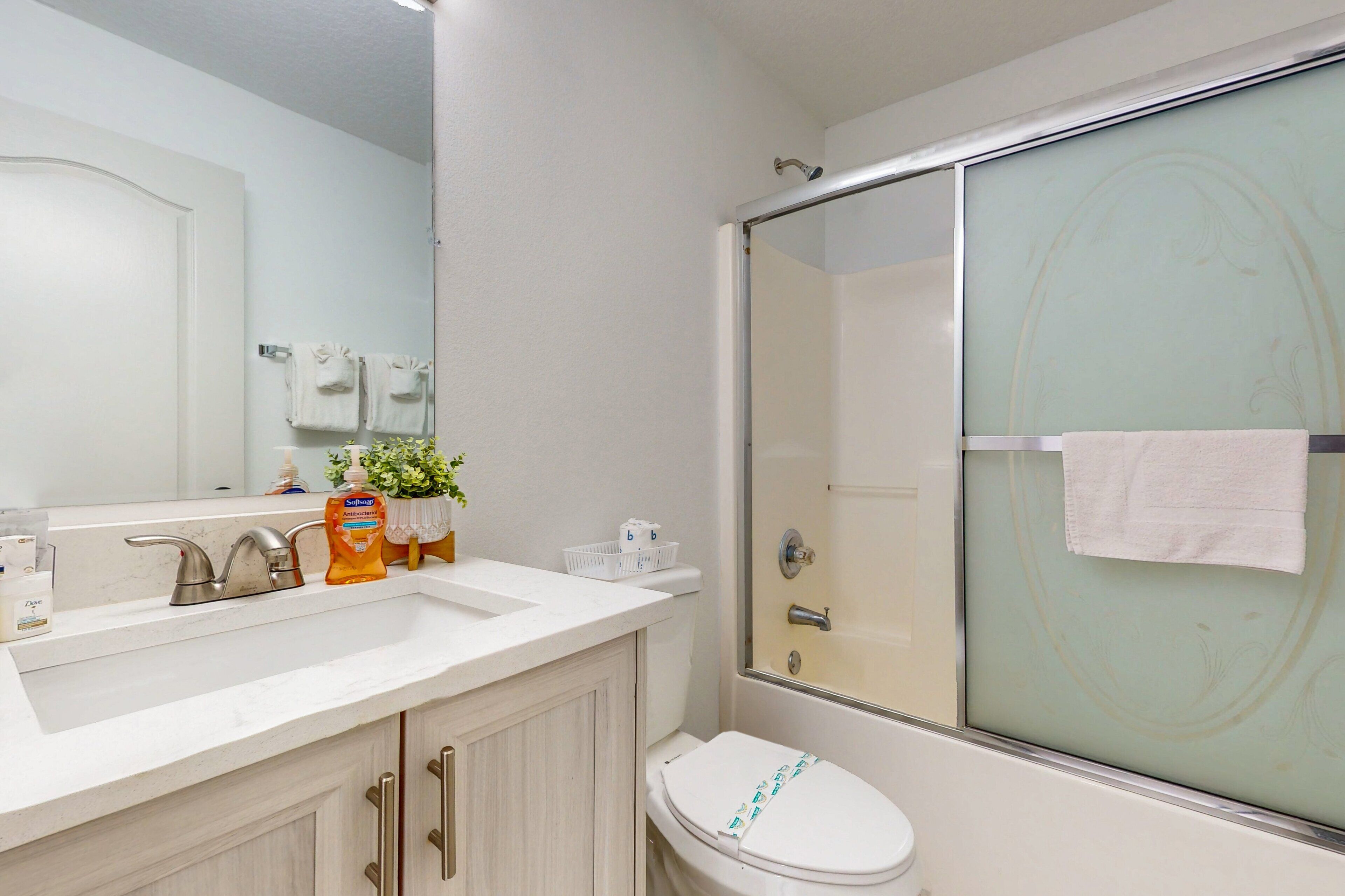 A bathroom with a white sink, a toilet, a glass shower enclosure, and a mirror.