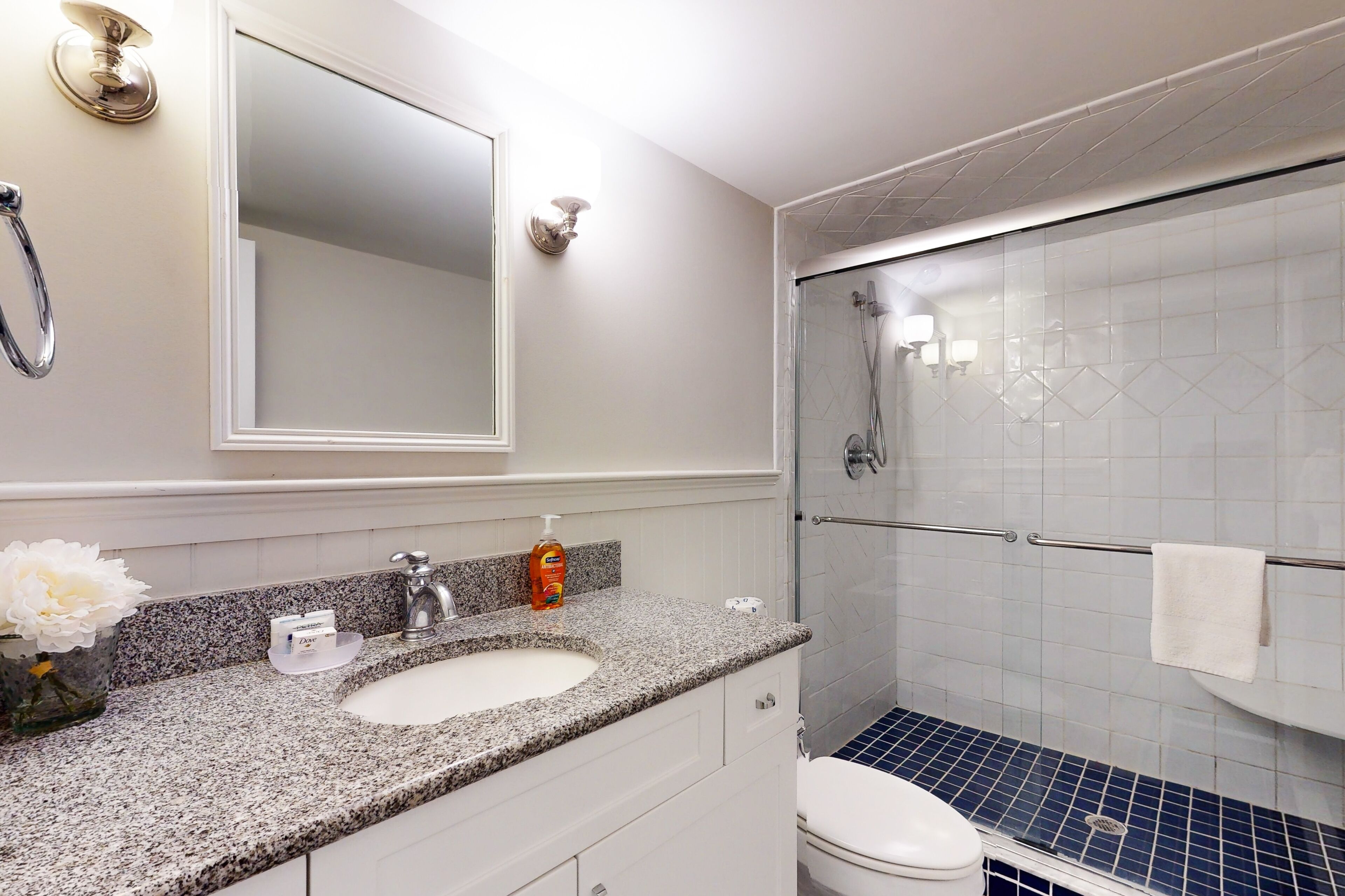A bathroom with a granite countertop sink, a mirror, a white toilet, and a glass-enclosed shower.