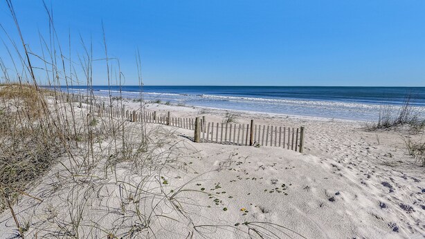Une plage de sable avec une clôture en bois et une végétation clairsemée.