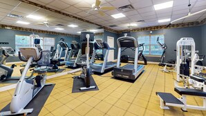 Ein Fitnessstudio mit unterschiedlichen Trainingsgeräten, darunter Laufbänder, Crosstrainer und Kraftgeräte.