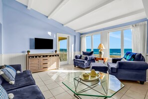 Condo, Multiple Beds, Pool Access, Beach View (1354 Ship Watch) | Living area - Oceanfront Condo With Balcony, AC, Views & Outdoor Pool - Dog-friendly (Fernandina Beach)