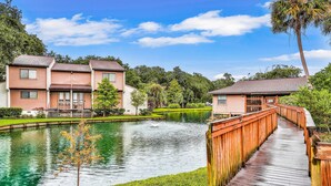A residential area with two-story houses, a wooden bridge over a pond, and a palm tree. - Quiet Coastal Escape Within Walking Distance to Beach With Shared Pool (Fernandina Beach)