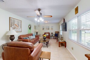 House, Multiple Beds, Patio, Garden View (Hydrangea Oasis) | Living area - Spacious Pet -friendly Home w/ Fenced in Yard and Close to The Beach (St. Augustine)