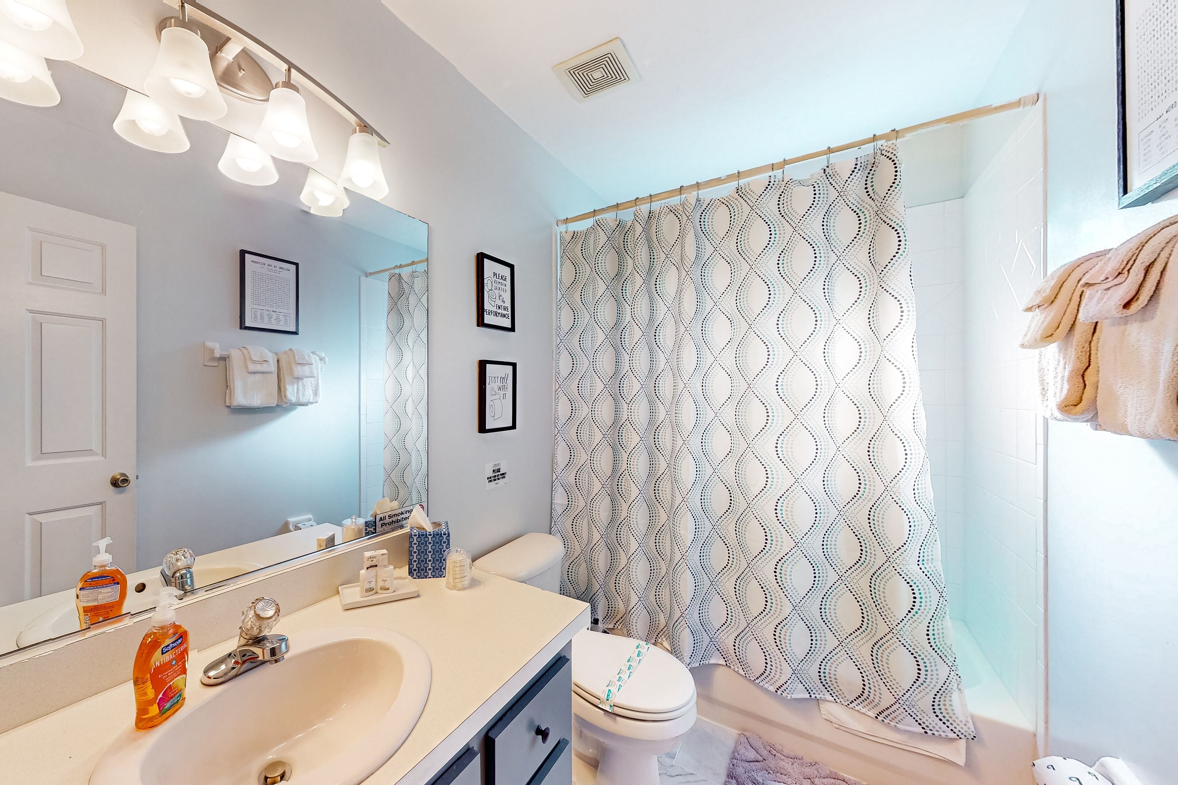 A bathroom with a sink, mirror, and shower curtain.