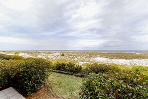 A view of a beach with a grassy area and bushes in the foreground. - Oceanfront, Gated Community Townhome With Private W/d, Beach & Pool Access (Fernandina Beach)