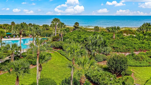 A lush landscape with a swimming pool, palm trees, and a view of the ocean. - Oceanfront Condo With Large Balcony, Pool, Central AC & Views (Fernandina Beach)