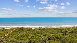 A coastal landscape with a clear sky, a pathway leading to the beach, and dense greenery. - Oceanfront Condo,beach Access, Heated Pool, Tennis Courts (Palm Coast)