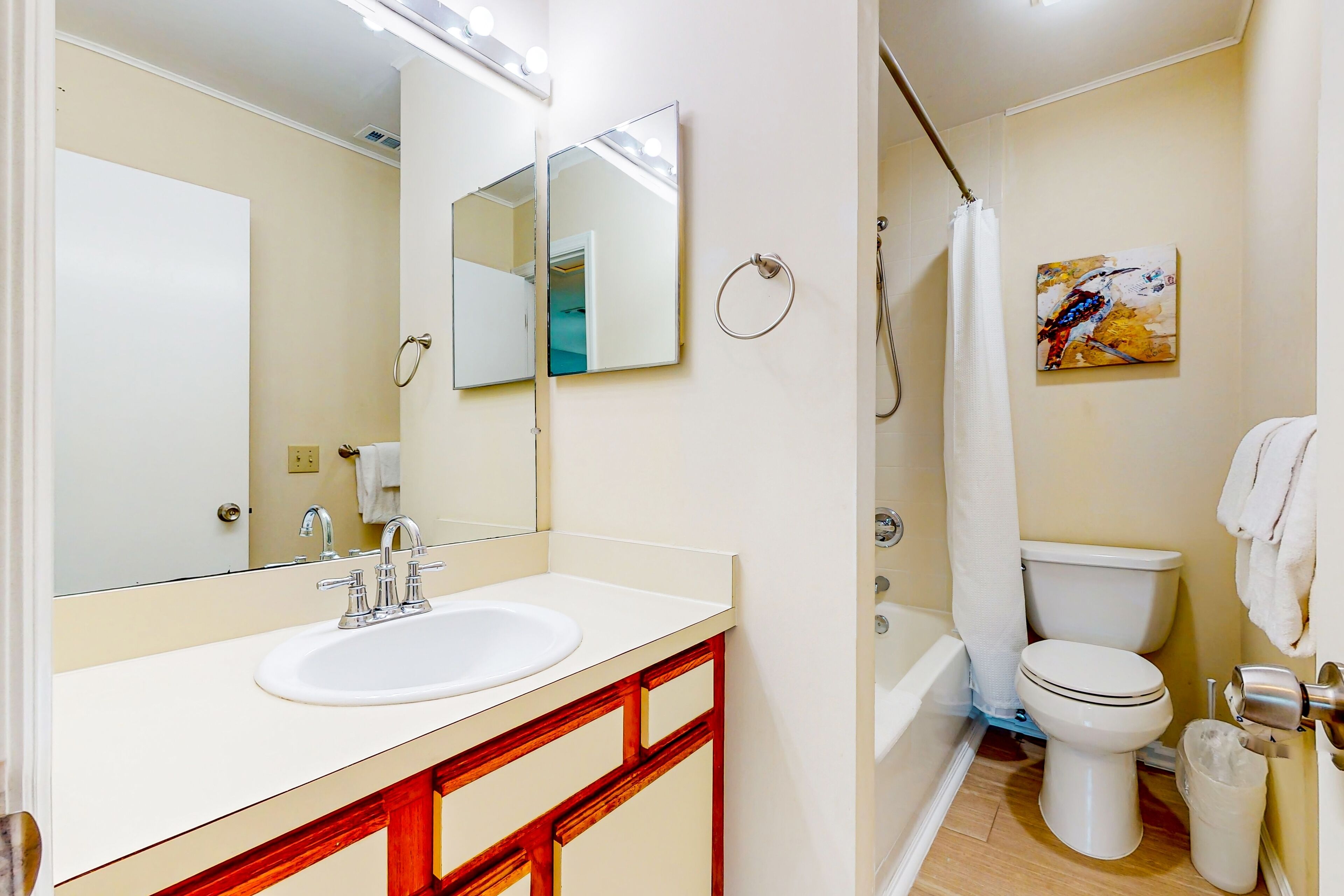 Un baño con lavabo, espejo, ducha, inodoro y un cuadro en la pared.