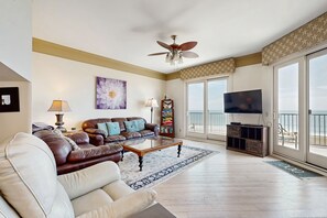 House, Multiple Beds, Patio, Ocean View (1676 Sea Dunes) | Living area - Ocean-view Penthouse With Pool, Balcony & Central AC - Snowbird-friendly (Fernandina Beach)