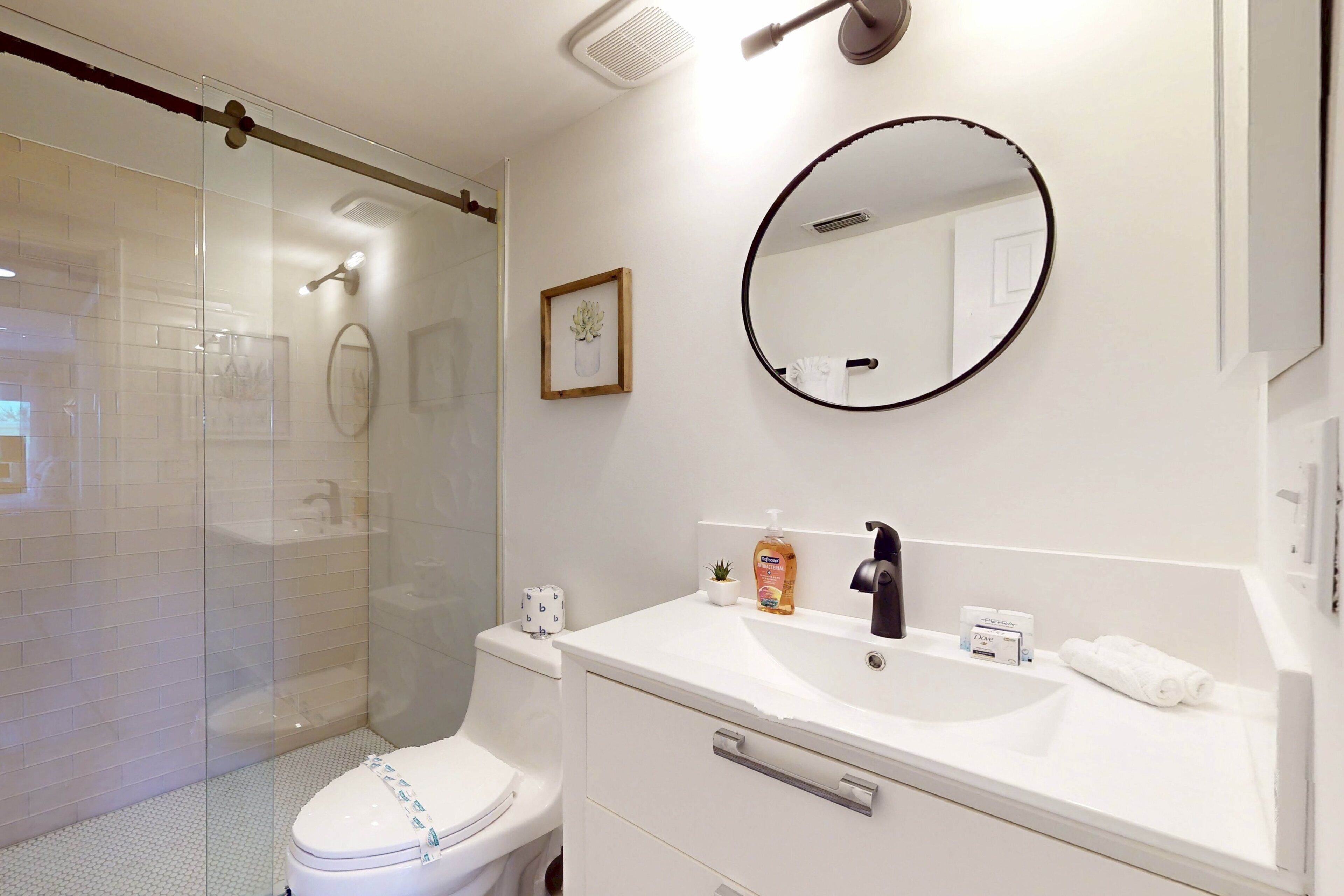 Une salle de bain moderne avec une douche à parois de verre, un lavabo blanc avec un miroir et des toilettes.