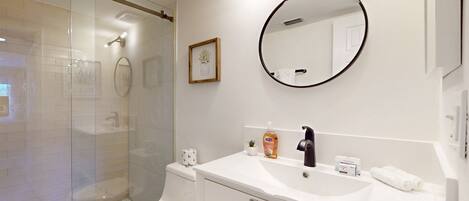 Une salle de bain moderne avec une douche à parois de verre, un lavabo blanc avec un miroir et des toilettes.