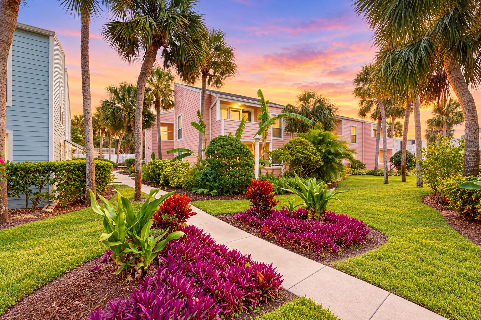 A residential area with a row of houses, a pathway, and well-maintained gardens.