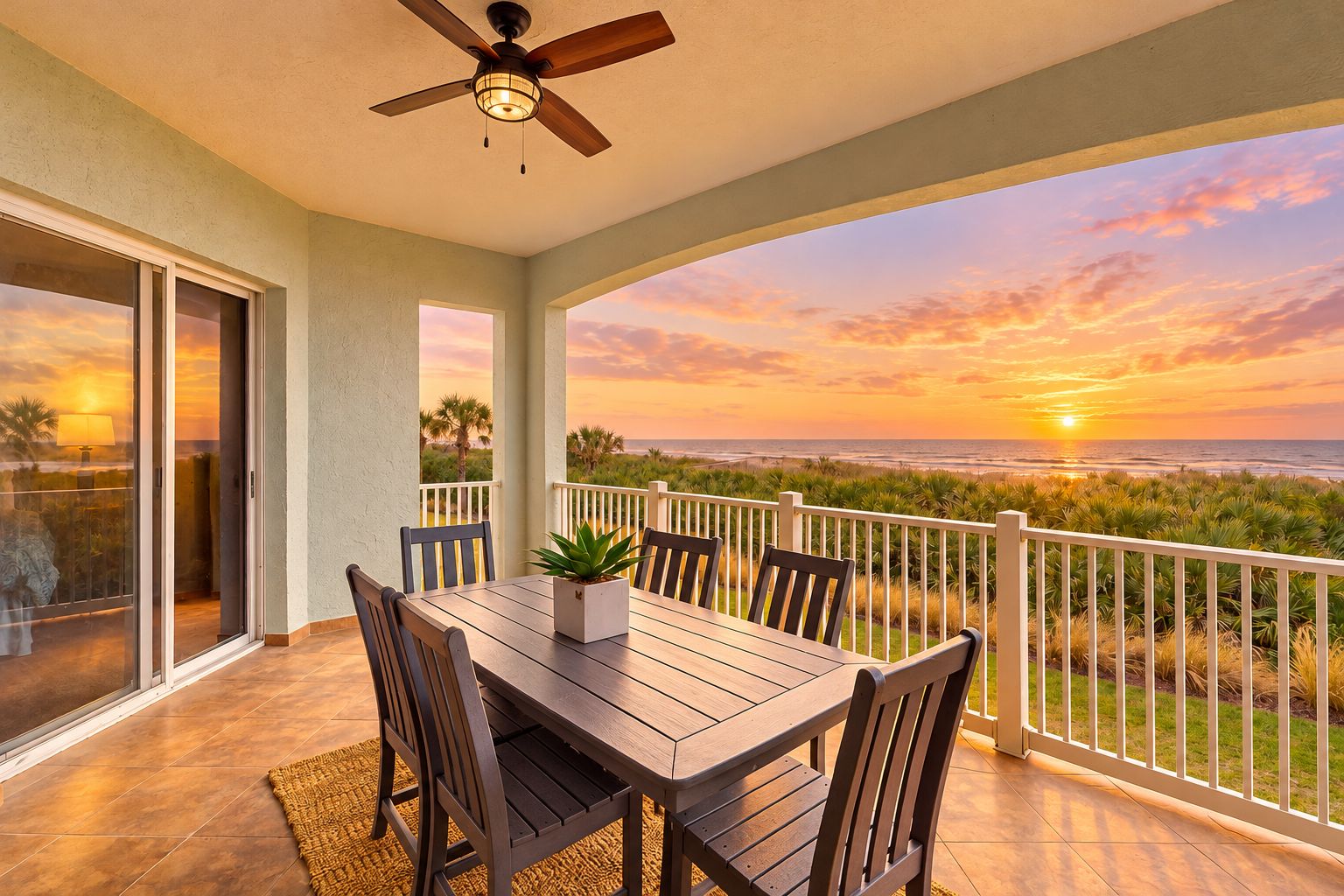 A balcony with a table and chairs, a ceiling fan, and a view of the sunset over the ocean.
