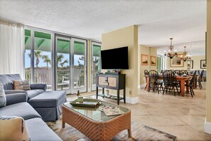 Condo, Multiple Beds, Pool Access, Beach View (1322 Shipwatch) | Living area - Oceanfront Condo With Direct Beach Access, Pool, Balcony, Grilling Area, & AC (Fernandina Beach)
