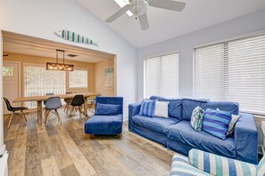 Condo, Multiple Beds, Patio (Golf Villa Getaway) | Living area - Sleek Golf-front Condo With a Washer/dryer, Deck, & Central AC - dog Friendly (St. Simons Island)