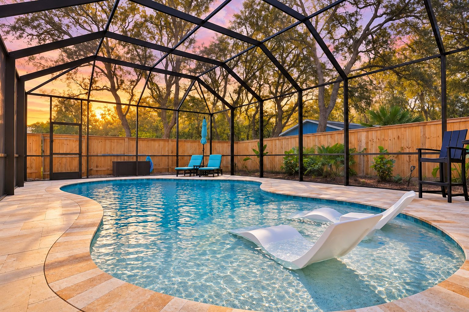 A swimming pool with a curved edge, surrounded by a wooden deck and a covered area with chairs.