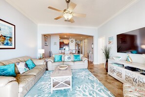 Condo, Multiple Beds, Pool Access, Pool View (Cinnamon Vista) | Living area - Spacious Fourth-floor Beachfront Condo With Pools, hot Tub, Fitness Room (Palm Coast)