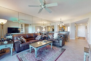 Condo, Multiple Beds, Pool Access, Beach View (1840 Turtle Dunes) | Living area - Oceanfront Condo With Panoramic Views, Shared Pool, and Private Washer & Dryer (Fernandina Beach)