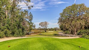 Um campo de golfe bem cuidado, com um caminho definido, bunkers de areia e um lago ao fundo.