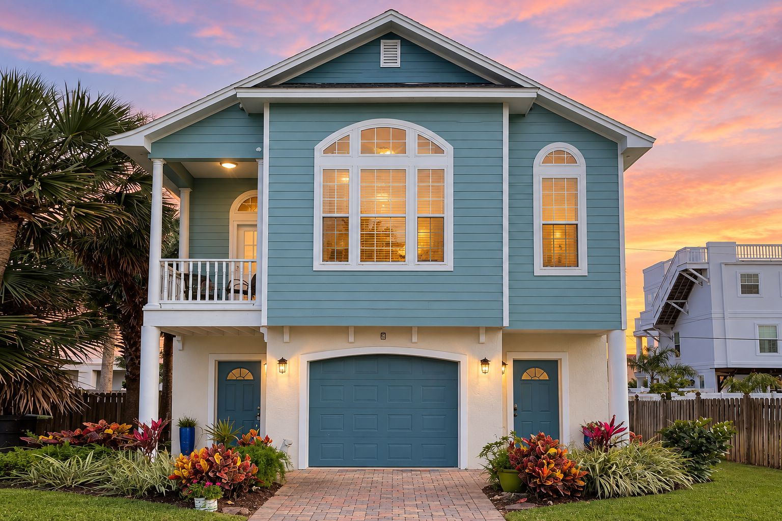 A two-story house with a front porch, a garage, and a balcony.