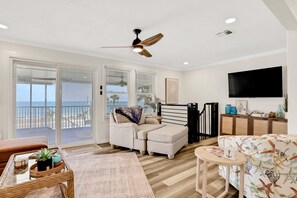 House, Multiple Beds, Balcony, Ocean View (Wave Watcher) | Living area - Updated Home Across From Beach With Covered Balcony, Central AC, & Washer/dryer (Flagler Beach)