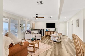 House, Multiple Beds, Balcony, Ocean View (Wave Watcher) | Living area - Updated Home Across From Beach With Covered Balcony, Central AC, & Washer/dryer (Flagler Beach)