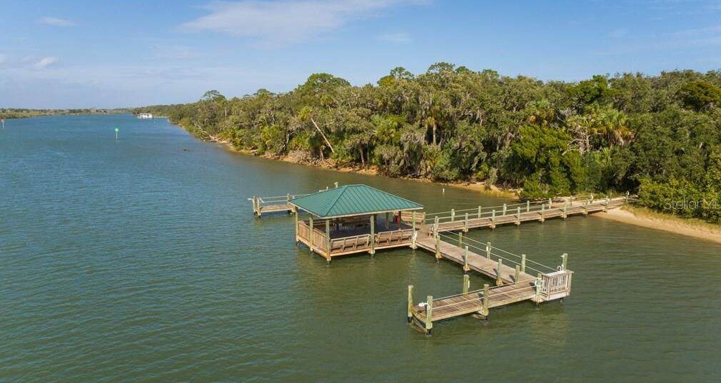 A dock extending into a calm body of water, surrounded by dense greenery.