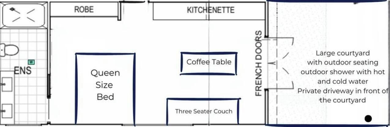 A floor plan with a queen size bed, a three seater couch, a coffee table, a robe, and a kitchenette.