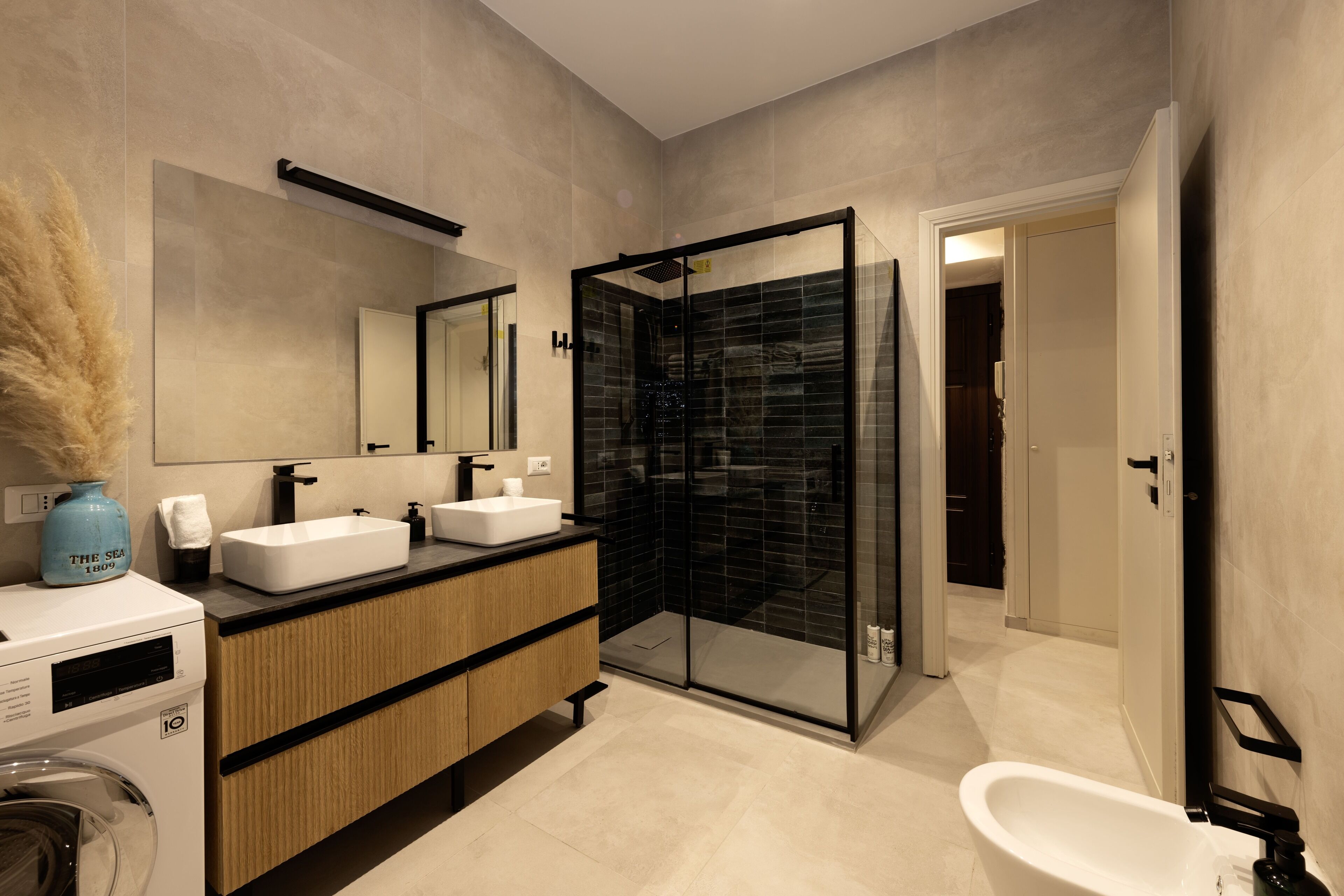 Shower, hair dryer, bidet, towels