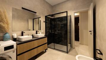 Shower, hair dryer, bidet, towels