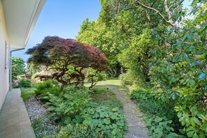 Un sendero en un jardín que lleva a una casa con un árbol y varias plantas.