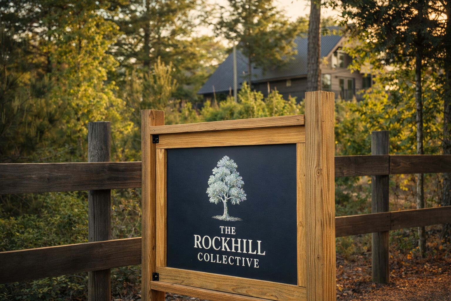 A framed sign with a tree illustration and text 'The Rockhill Collective' against a backdrop of a wooden fence and foliage.