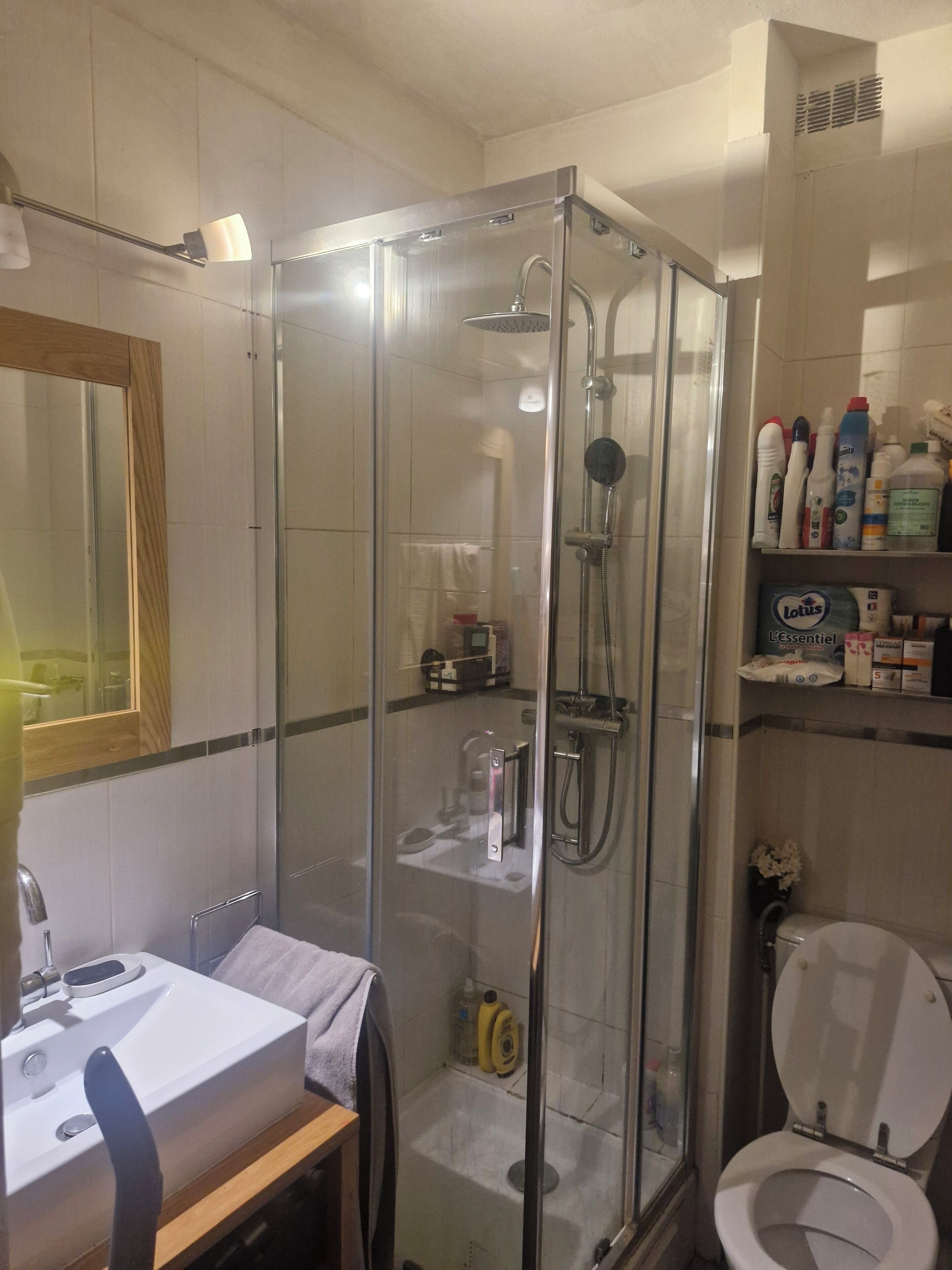 Douche, serviettes fournies, savon, papier toilette