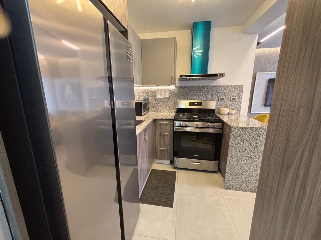 Großer Kühlschrank, Mikrowelle, Ofen, Herdplatte