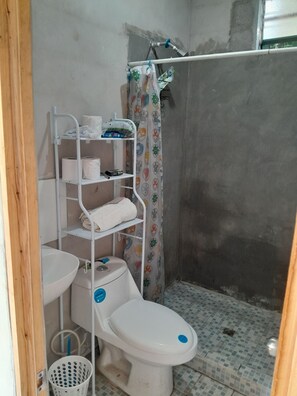 Shower, towels, soap, toilet paper