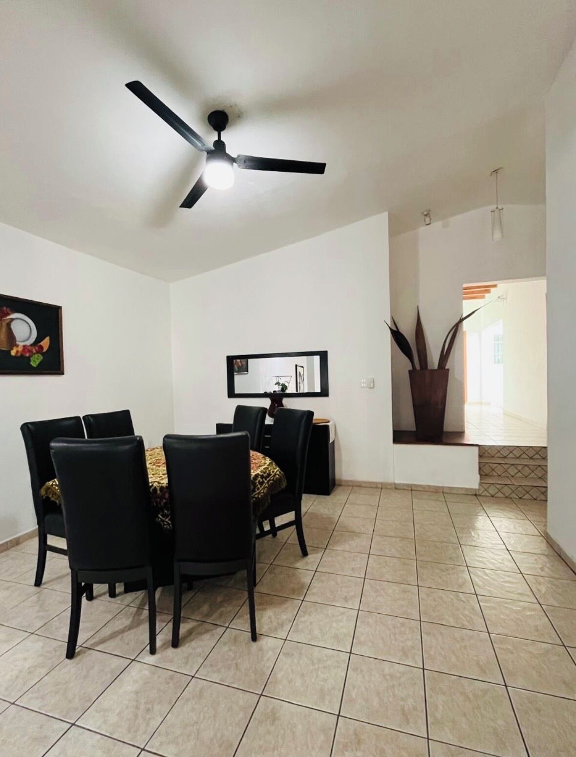 Un coin repas doté d’un ventilateur de plafond, d’une table à manger avec des chaises, d’un miroir et d’une plante en pot.