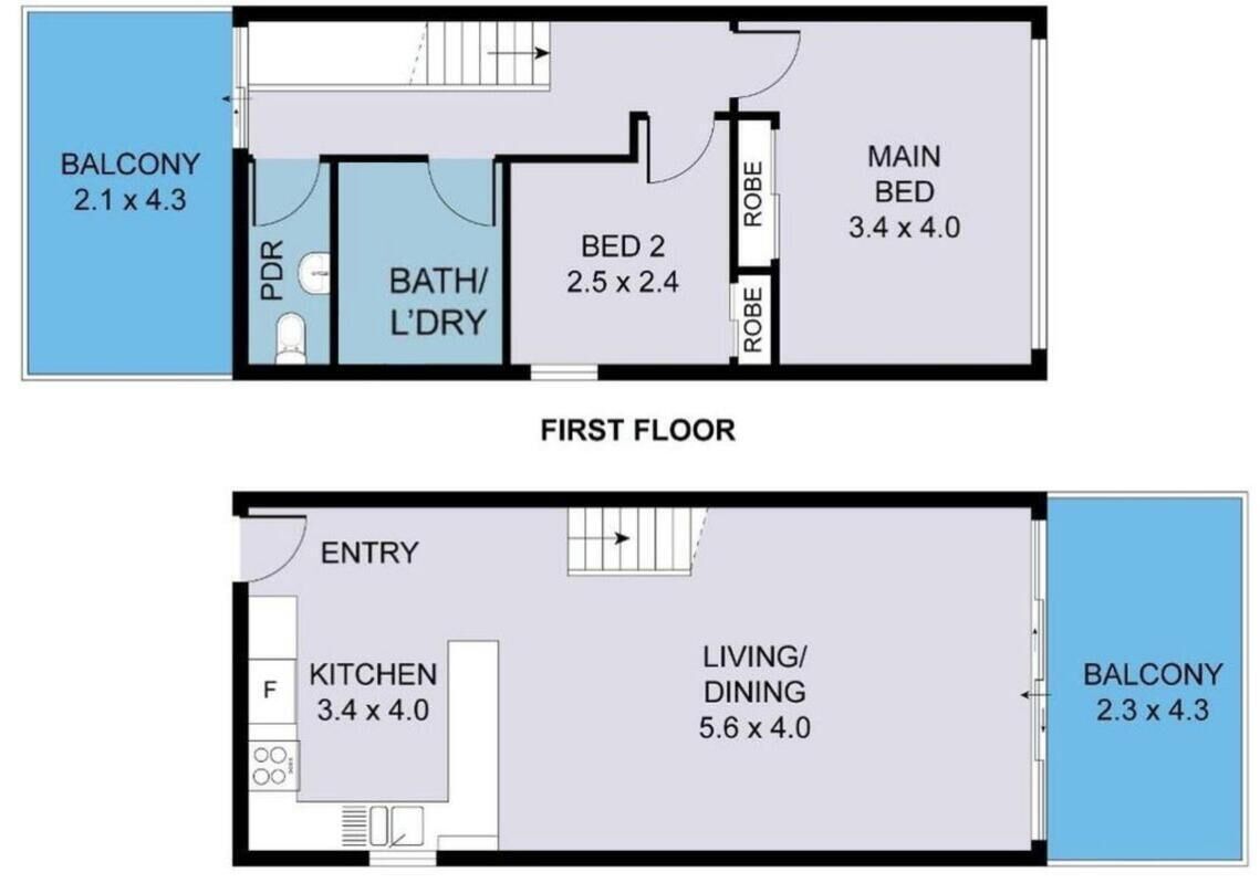 A first-floor layout with a balcony, a main bedroom, a smaller bedroom, a bathroom, a kitchen, and a living/dining area.