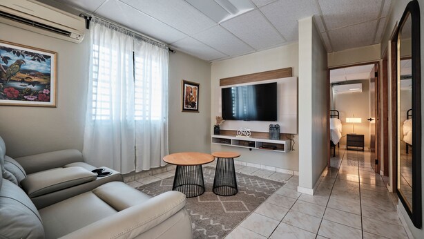 A modern living room with a sofa, a TV, and a small table. - 2-bedroom apartment in serene Hato Rey close to El Coliseum (San Juan)