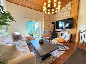 Smart TV, fireplace, table football, books