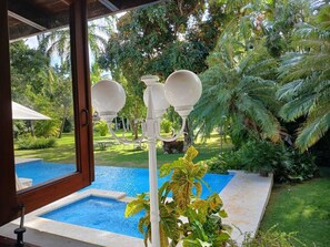 Vista desde una habitación con ventana que da a una piscina, rodeada de exuberante vegetación y palmeras.