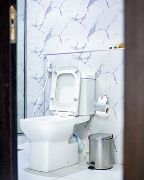 A bathroom with a toilet, marble-patterned walls, a trash can, and a toilet paper holder. - OTI RESORT (Benin City)